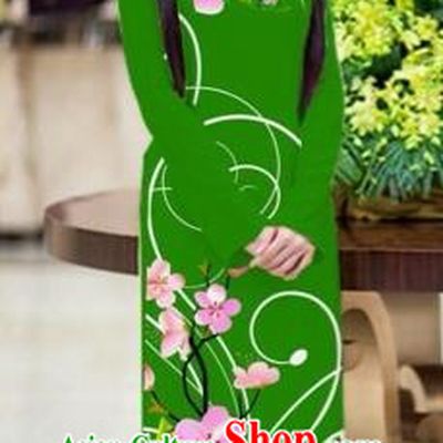 Traditional Top Grade Asian Vietnamese Costumes Classical Printing Peach Blossom Princess Full Dress, Vietnam National Ao Dai Dress Green Cheongsam for Women