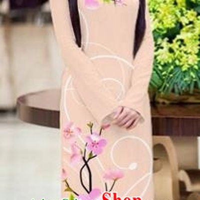 Traditional Top Grade Asian Vietnamese Costumes Classical Printing Peach Blossom Princess Full Dress, Vietnam National Ao Dai Dress Khaki Cheongsam for Women