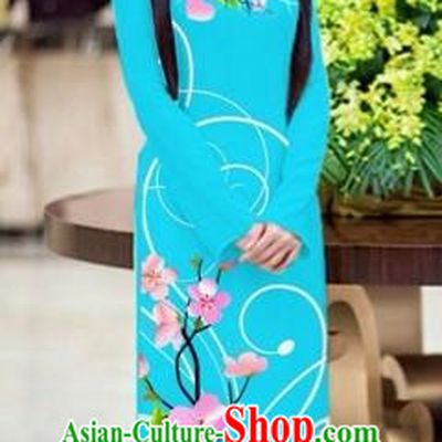 Traditional Top Grade Asian Vietnamese Costumes Classical Printing Peach Blossom Princess Full Dress, Vietnam National Ao Dai Dress Blue Cheongsam for Women