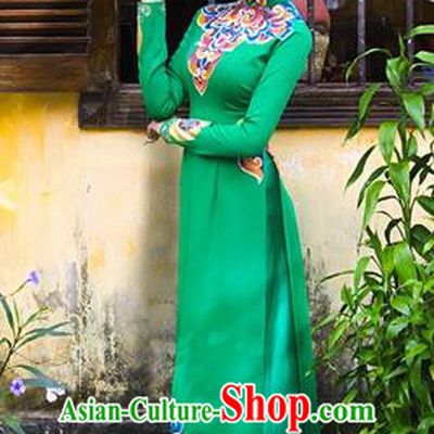 Traditional Top Grade Asian Vietnamese Costumes Classical Printing Bride Full Dress, Vietnam National Ao Dai Dress Wedding Green Cheongsam for Women