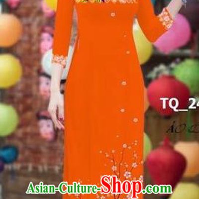 Traditional Top Grade Asian Vietnamese Costumes Classical 3D Printing Bride Full Dress, Vietnam National Ao Dai Dress Orange Cheongsam for Women