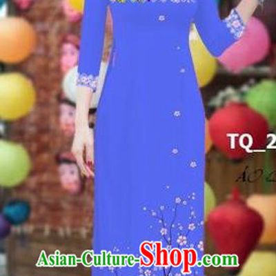 Traditional Top Grade Asian Vietnamese Costumes Classical 3D Printing Bride Full Dress, Vietnam National Ao Dai Dress Blue Cheongsam for Women