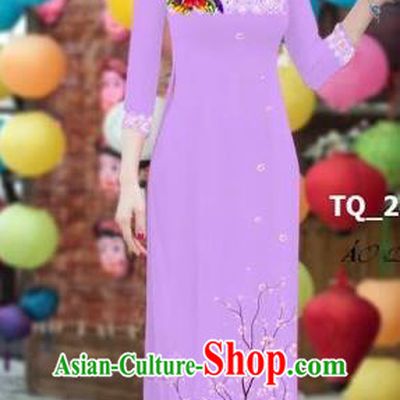Traditional Top Grade Asian Vietnamese Costumes Classical 3D Printing Bride Full Dress, Vietnam National Ao Dai Dress Purple Cheongsam for Women