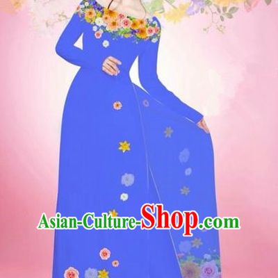 Traditional Top Grade Asian Vietnamese Costumes Classical Printing Flowers Bride Off Shoulder Full Dress, Vietnam National Ao Dai Dress Blue Chiffon Cheongsam for Women