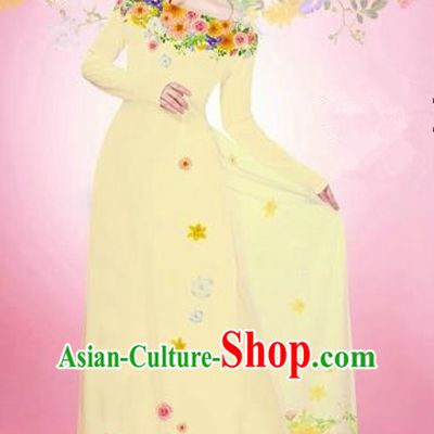 Traditional Top Grade Asian Vietnamese Costumes Classical Printing Flowers Bride Off Shoulder Full Dress, Vietnam National Ao Dai Dress Beige Chiffon Cheongsam for Women