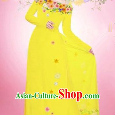 Traditional Top Grade Asian Vietnamese Costumes Classical Printing Flowers Bride Off Shoulder Full Dress, Vietnam National Ao Dai Dress Yellow Chiffon Cheongsam for Women