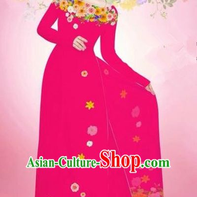 Traditional Top Grade Asian Vietnamese Costumes Classical Printing Flowers Bride Off Shoulder Full Dress, Vietnam National Ao Dai Dress Rosy Chiffon Cheongsam for Women