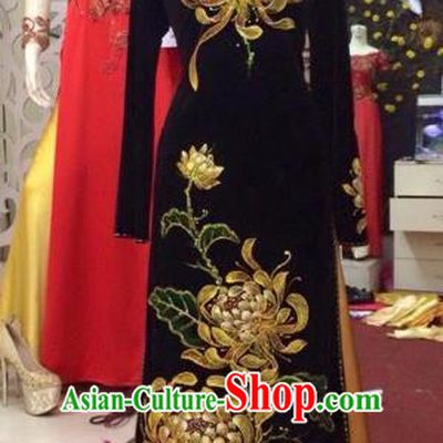 Traditional Top Grade Asian Vietnamese Costumes Classical Embroidery Chrysanthemum Full Dress Dance Cothing, Vietnam National Ao Dai Dress Catwalks Debutante Qipao for Women