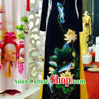 Traditional Top Grade Asian Vietnamese Costumes Classical Embroidery Lotus Full Dress Dance Cothing, Vietnam National Ao Dai Dress Catwalks Debutante Pleuche Qipao for Women