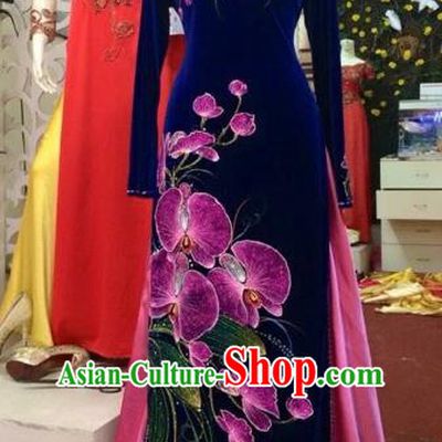 Traditional Top Grade Asian Vietnamese Costumes Classical Hand Painting Full Dress Dance Cothing, Vietnam National Ao Dai Dress Catwalks Debutante Pleuche Qipao for Women