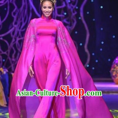Traditional Top Grade Asian Vietnamese Costumes Classical Painting Full Dress with Brocade Scarf, Vietnam National Ao Dai Dress Catwalks Debutante Qipao for Women
