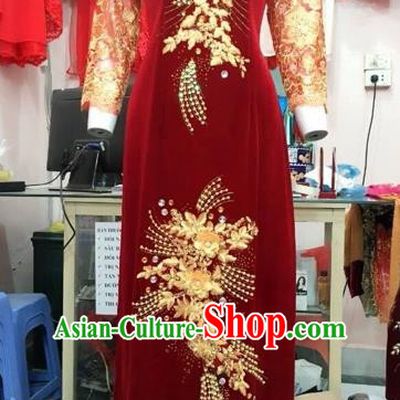 Traditional Top Grade Asian Vietnamese Costumes Classical Wedding Full Dress, Vietnam National Ao Dai Dress Catwalks Debutante Bride Lace Qipao for Women