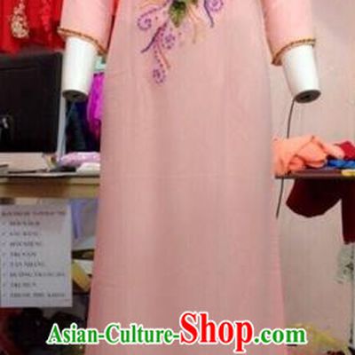 Traditional Top Grade Asian Vietnamese Costumes Classical Wedding Embroidery Full Dress, Vietnam National Ao Dai Dress Catwalks Debutante Bride Pink Qipao for Women