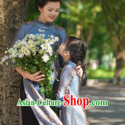 Traditional Top Grade Asian Vietnamese Costumes Classical Grey Full Dress, Vietnam National Ao Dai Dress Mother-daughter Qipao for Women for Kids