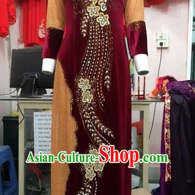 Traditional Top Grade Asian Vietnamese Costumes Classical Lace Full Dress, Vietnam National Ao Dai Dress Catwalks Debutante Pleuche Qipao for Women