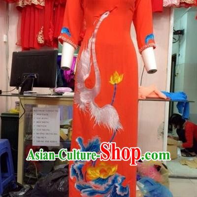 Traditional Top Grade Asian Vietnamese Costumes Classical Hand Painting Full Dress, Vietnam National Ao Dai Dress Catwalks Debutante Orange Qipao for Women