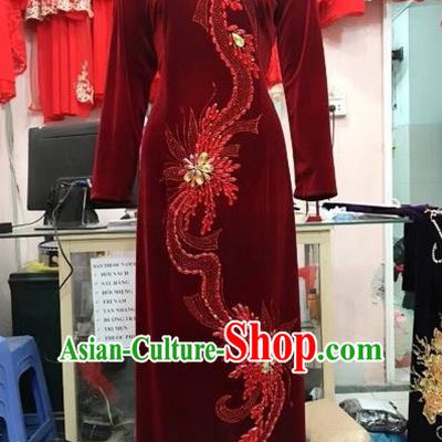 Traditional Top Grade Asian Vietnamese Costumes Classical Manual Embroider Bead Full Dress, Vietnam National Ao Dai Dress Catwalks Debutante Qipao for Women