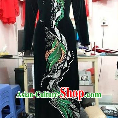 Traditional Top Grade Asian Vietnamese Costumes Classical Manual Embroider Full Dress, Vietnam National Ao Dai Dress Catwalks Debutante Pleuche Qipao for Women