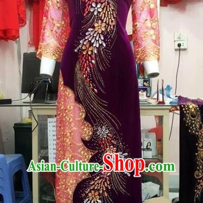 Traditional Top Grade Asian Vietnamese Costumes Classical Lace Full Dress, Vietnam National Ao Dai Dress Catwalks Debutante Wine Red Pleuche Qipao for Women