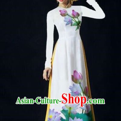 Traditional Top Grade Asian Vietnamese Costumes Classical Painting Lotus Full Dress, Vietnam National Ao Dai Dress Catwalks Debutante White Qipao for Women