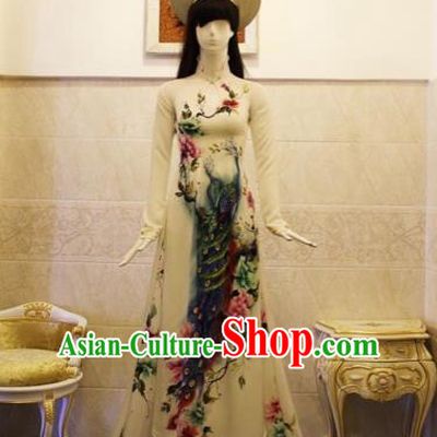 Traditional Top Grade Asian Vietnamese Costumes Classical Printing Peacock Full Dress, Vietnam National Ao Dai Dress Catwalks Debutante Queen White Qipao for Women