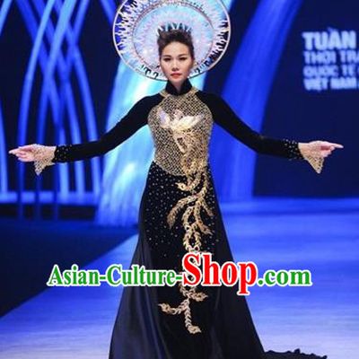 Traditional Top Grade Asian Vietnamese Costumes Classical Embroidery Phoenix Full Dress, Vietnam National Ao Dai Dress Catwalks Debutante Queen Qipao for Women