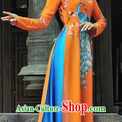 Traditional Top Grade Asian Vietnamese Costumes Classical Printing Peacock Full Dress, Vietnam National Ao Dai Dress Catwalks Debutante Orange Qipao for Women