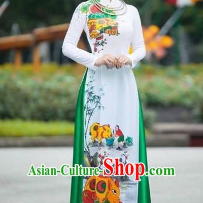 Traditional Top Grade Asian Vietnamese Costumes Classical Printing Full Dress, Vietnam National Ao Dai Dress Catwalks Debutante White Qipao for Women