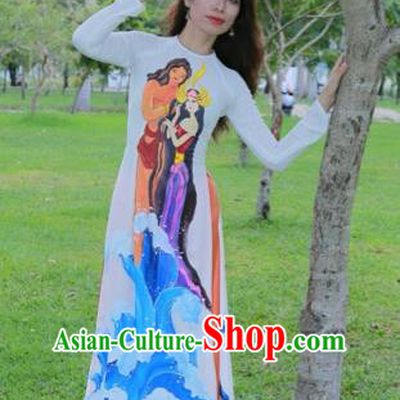 Traditional Top Grade Asian Vietnamese Costumes Classical Hand Painting Full Dress, Vietnam National Ao Dai Dress Catwalks Debutante White Qipao for Women