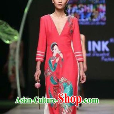 Traditional Top Grade Asian Vietnamese Costumes Classical Wedding Bride Full Dress, Vietnam National Ao Dai Dress Catwalks Debutante Red Qipao for Women