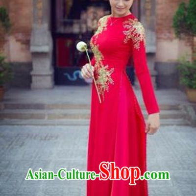 Traditional Top Grade Asian Vietnamese Costumes Classical Wedding Bride Full Dress, Vietnam National Ao Dai Dress Catwalks Debutante Red Qipao for Women
