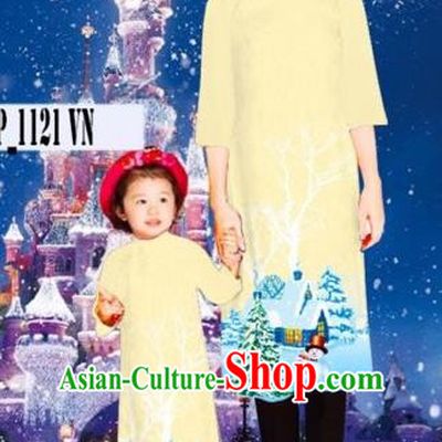 Traditional Top Grade Asian Vietnamese Costumes Classical Hand Painting Full Dress, Vietnam National Ao Dai Dress Mother-daughter Christmas Qipao