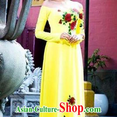 Traditional Top Grade Asian Vietnamese Costumes Classical Printing Flowers Full Dress, Vietnam National Ao Dai Dress Yellow Qipao Dance Clothing for Women
