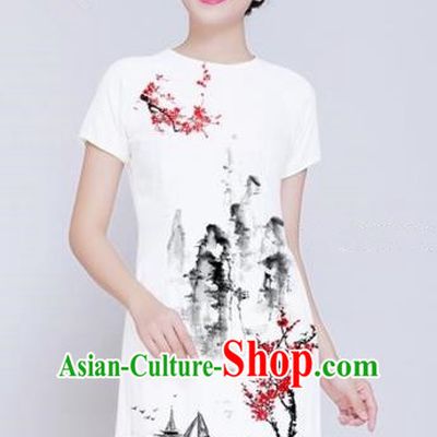 Traditional Top Grade Asian Vietnamese Costumes Classical Ink Wash Painting Full Dress, Vietnam National Ao Dai Dress White Short Qipao Dance Clothing for Women