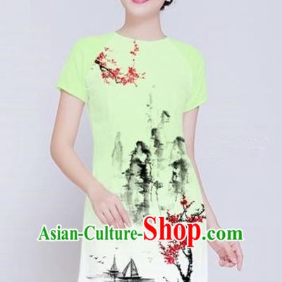 Traditional Top Grade Asian Vietnamese Costumes Classical Ink Wash Painting Full Dress, Vietnam National Ao Dai Dress Green Short Qipao Dance Clothing for Women