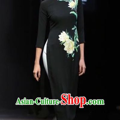 Traditional Top Grade Asian Vietnamese Costumes Classical Printing Lotus Full Dress, Vietnam National Ao Dai Dress Black Short Qipao for Women