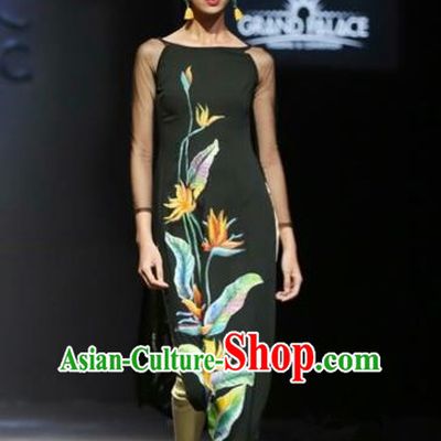 Traditional Top Grade Asian Vietnamese Costumes Classical Printing Flowers Full Dress, Vietnam National Ao Dai Dress Black Short Qipao for Women