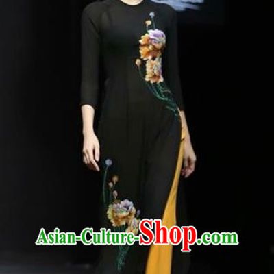 Traditional Top Grade Asian Vietnamese Costumes Classical Hand Painting Flower Full Dress, Vietnam National Ao Dai Dress Black Short Qipao for Women