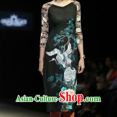 Traditional Top Grade Asian Vietnamese Costumes Classical Hand Painting Crane Full Dress, Vietnam National Ao Dai Dress Black Short Qipao for Women