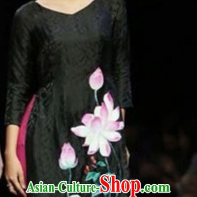 Traditional Top Grade Asian Vietnamese Costumes Classical Full Dress, Vietnam National Ao Dai Dress Painting Pink Lotus Black Cheongsam for Women