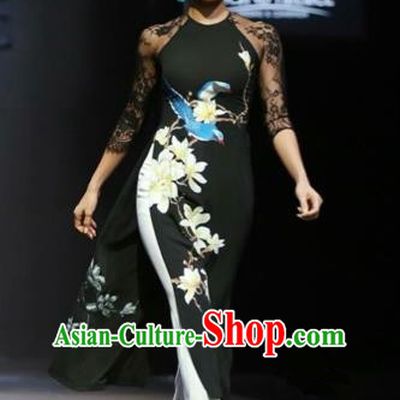 Traditional Top Grade Asian Vietnamese Costumes Classical Full Dress, Vietnam National Ao Dai Dress Painting Mangnolia Black Cheongsam for Women