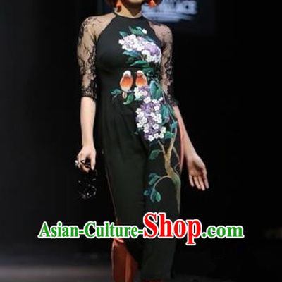 Traditional Top Grade Asian Vietnamese Costumes Classical Full Dress, Vietnam National Ao Dai Dress Painting Flowers Bird Black Cheongsam for Women
