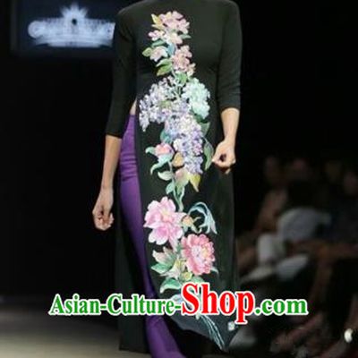 Traditional Top Grade Asian Vietnamese Costumes Classical Full Dress, Vietnam National Ao Dai Dress Hand Painting Flowers Black Cheongsam for Women