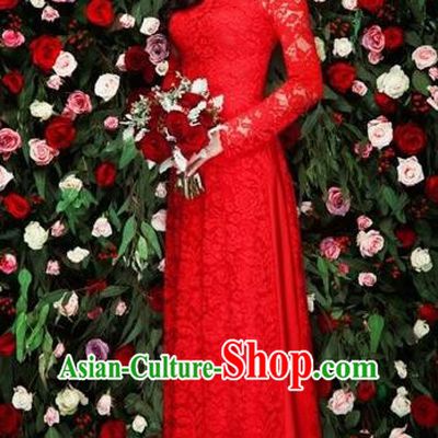 Traditional Top Grade Asian Vietnamese Costumes Classical Bride Toast Full Dress, Vietnam National Ao Dai Dress Red Lace Cheongsam for Women