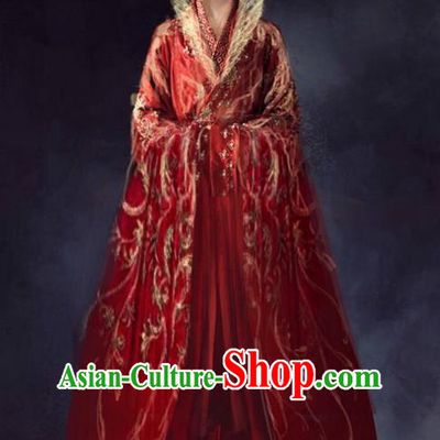 Traditional Chinese Ancient Shang Dynasty Imperial Empress Tailing Embroidered Costume, China Mythology Television Zhao Ge Ancient Palace Queen Wedding Clothing and Headpiece Complete Set for Women