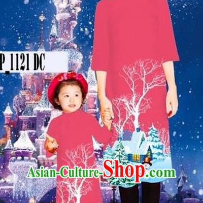 Traditional Top Grade Asian Vietnamese Costumes Classical Printing Christmas Pink Full Dress, Vietnam National Ao Dai Dress Mother-daughter Cheongsam for Women for Kids