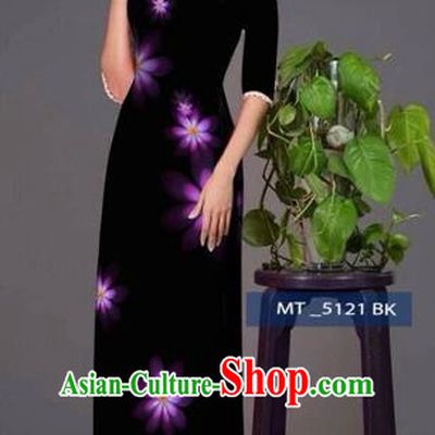 Traditional Top Grade Asian Vietnamese Costumes Classical Princess Full Dress, Vietnam National Ao Dai Dress Black Cheongsam for Women