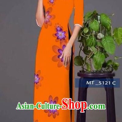 Traditional Top Grade Asian Vietnamese Costumes Classical Princess Full Dress, Vietnam National Ao Dai Dress Orange Cheongsam for Women