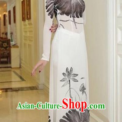 Traditional Top Grade Asian Vietnamese Costumes Classical Princess Ink Painting Full Dress, Vietnam National Ao Dai Dress Cheongsam for Women