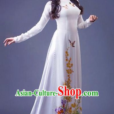 Traditional Top Grade Asian Vietnamese Costumes Classical Princess Printing Butterfly Full Dress, Vietnam National Ao Dai Dress White Cheongsam for Women